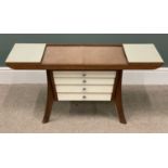 MID-CENTURY TEAK TELEPHONE TABLE/SEAT, with upholstered top and Formica sides and drawer fronts,