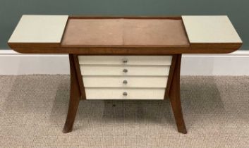 MID-CENTURY TEAK TELEPHONE TABLE/SEAT, with upholstered top and Formica sides and drawer fronts,