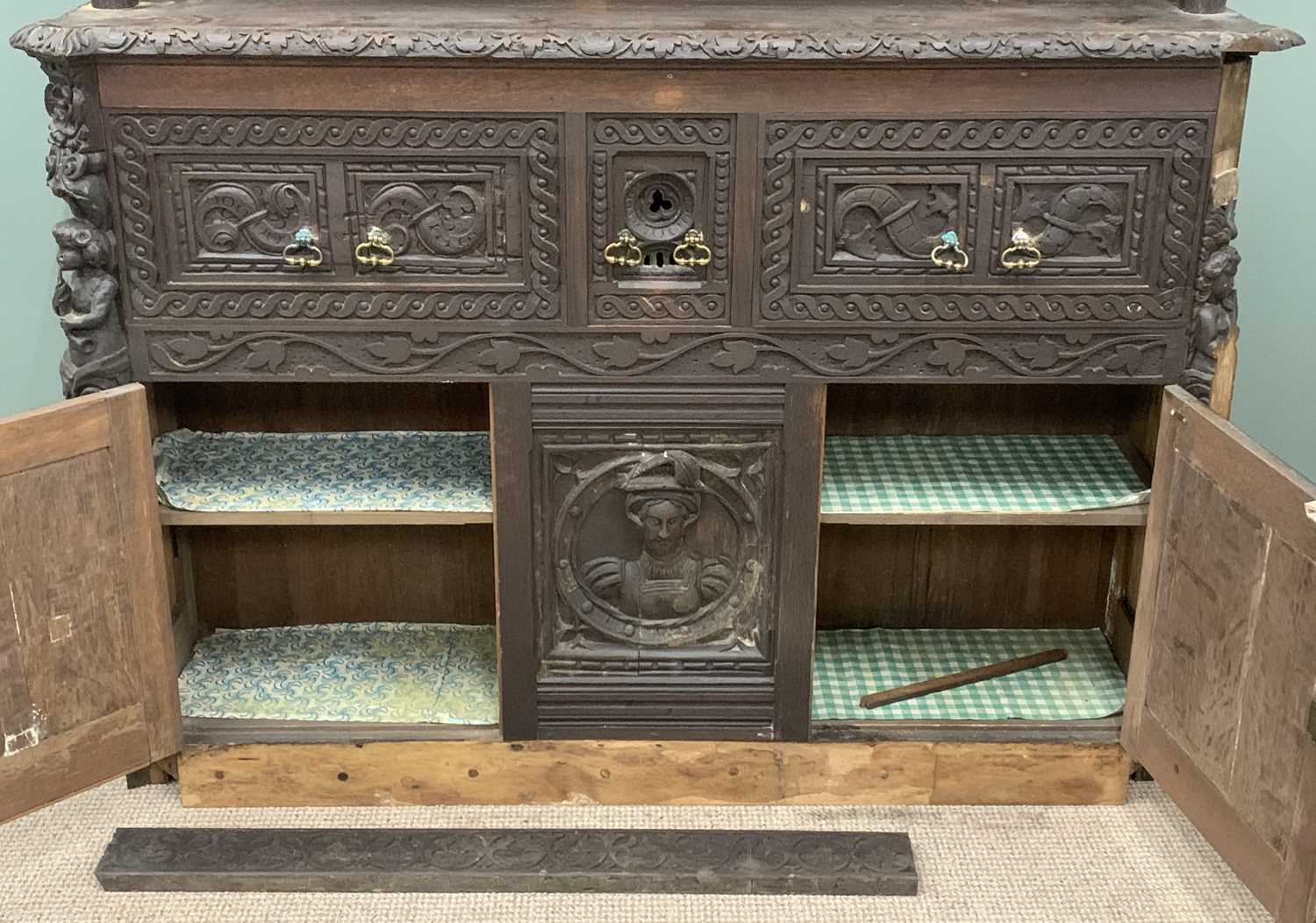 HEAVILY CARVED SIDEBOARD circa 1900, ebonised with heavy carved detail, the base with three deep - Image 6 of 7