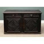 19TH CENTURY SIDEBOARD BASE being ebonised and heavily carved with lion mask detail, two drawers