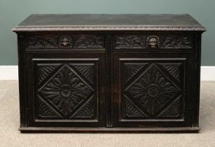 19TH CENTURY SIDEBOARD BASE being ebonised and heavily carved with lion mask detail, two drawers
