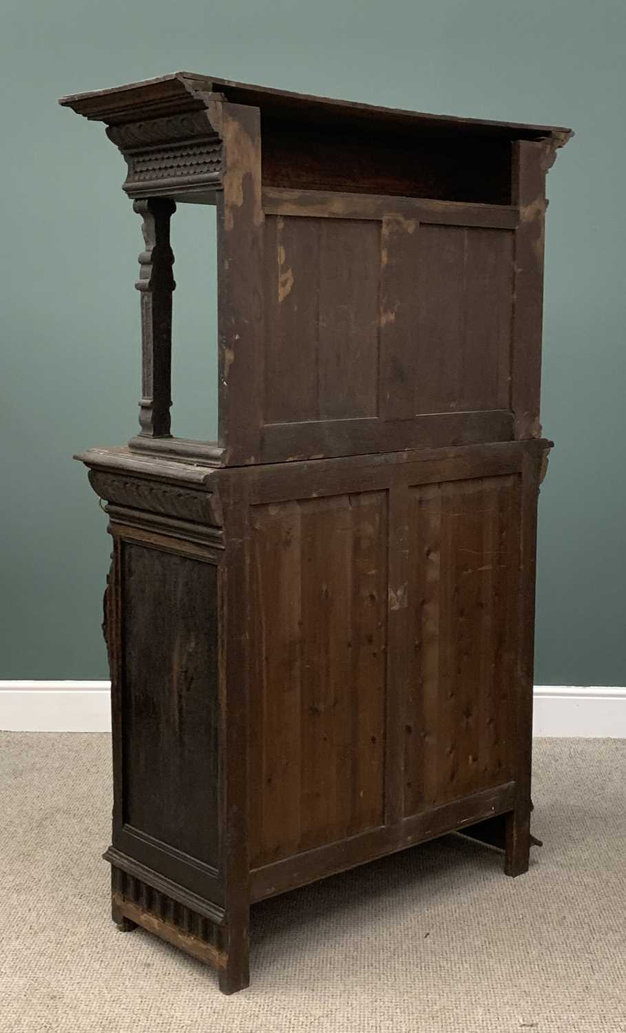 HEAVILY CARVED NARROW COURT CUPBOARD with canopy top and single base cupboard door, lion masks and - Image 6 of 7