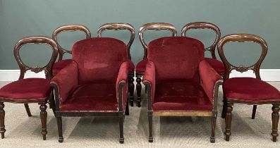 SET OF SIX VICTORIAN BALLOON BACK CHAIRS & PAIR OF SIMILARLY UPHOSLTERED ARMCHAIRS all in burgundy