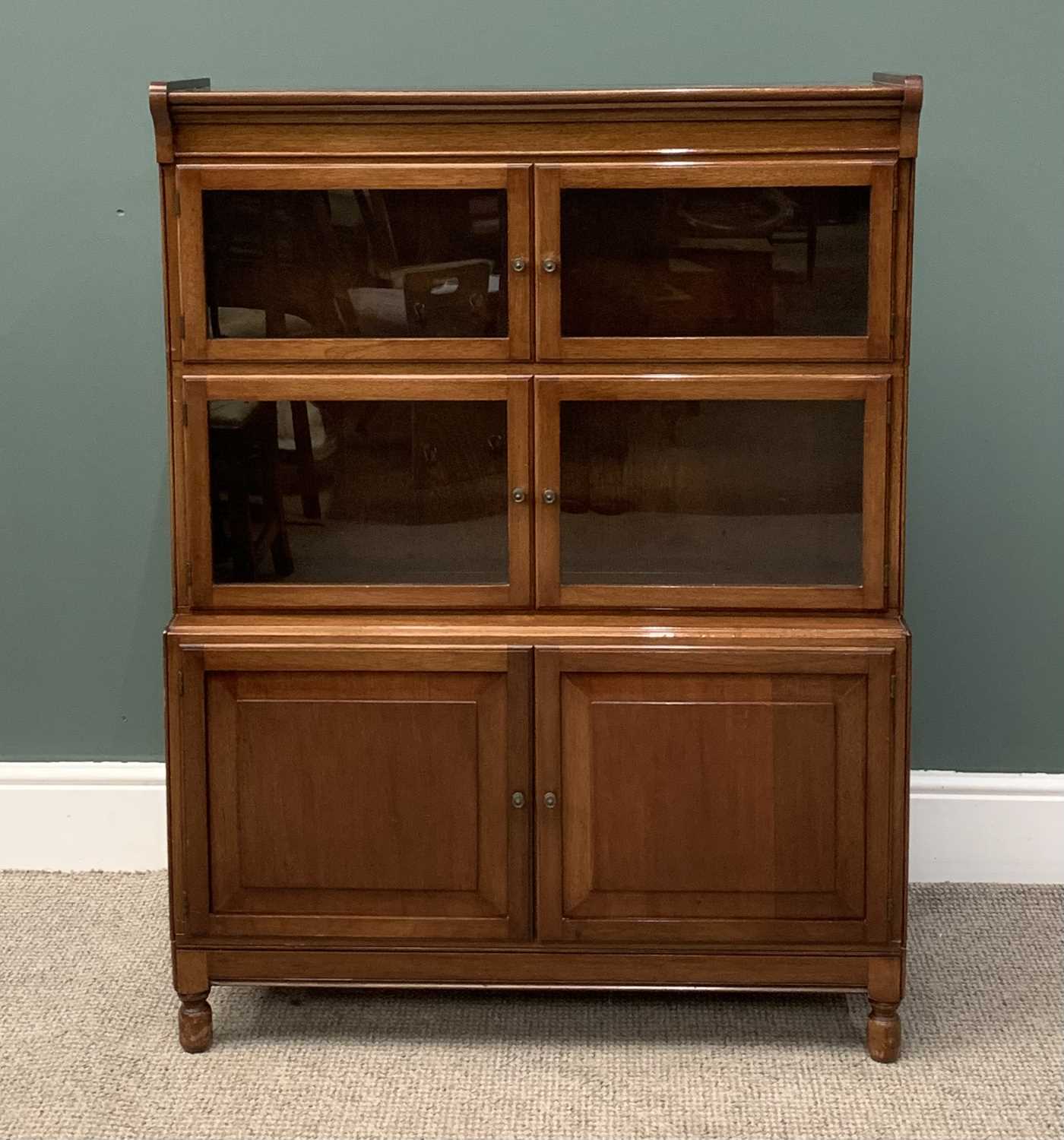 MAHOGANY LIBRARY BOOKCASE having four glazed upper doors over two cupboards, 119 (h) x 89 (w) x