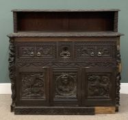 HEAVILY CARVED SIDEBOARD circa 1900, ebonised with heavy carved detail, the base with three deep