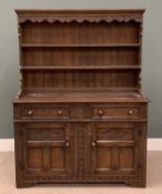 20TH CENTURY OAK DRESSER, two shelf rack, the base with two drawers over two cupboard doors,