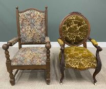 TWO UPHOLSTERED ANTIQUE ARMCHAIRS, with scroll supports, 111 (h) x 65 (w) x 54cms (d) and another