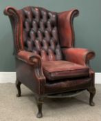 LEATHER WINGBACK ARMCHAIR studded with button back, coloured ox blood red, 109 (h) x 94 (w) x