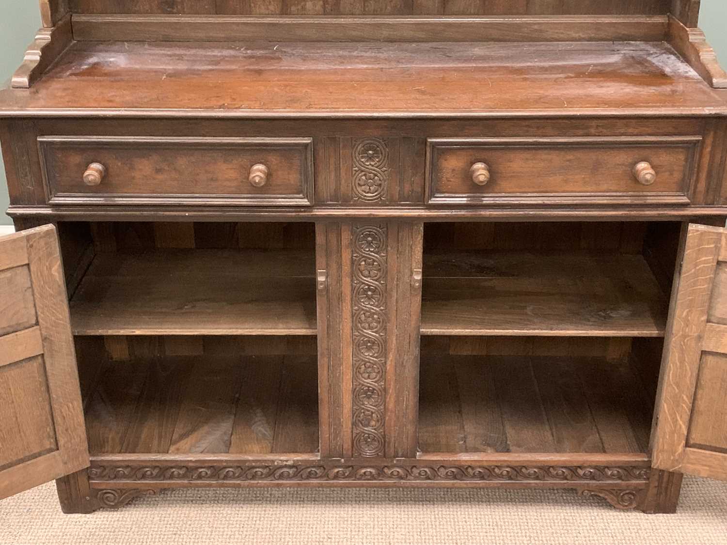 20TH CENTURY OAK DRESSER, two shelf rack, the base with two drawers over two cupboard doors, - Image 4 of 4