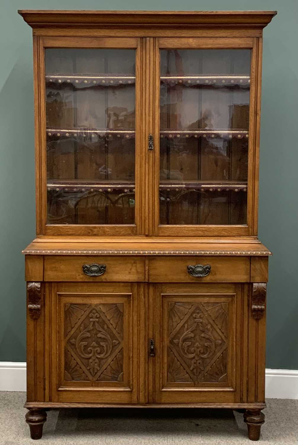 ANTIQUE OAK BOOKCASE CUPBOARD being nicely detailed with carved panels, carved edges, carved - Image 2 of 6
