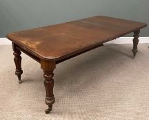VICTORIAN MAHOGANY EXTENDING TABLE, on bulbous supports and castors, 73 (h) x 22 (w) x 115cms (d)