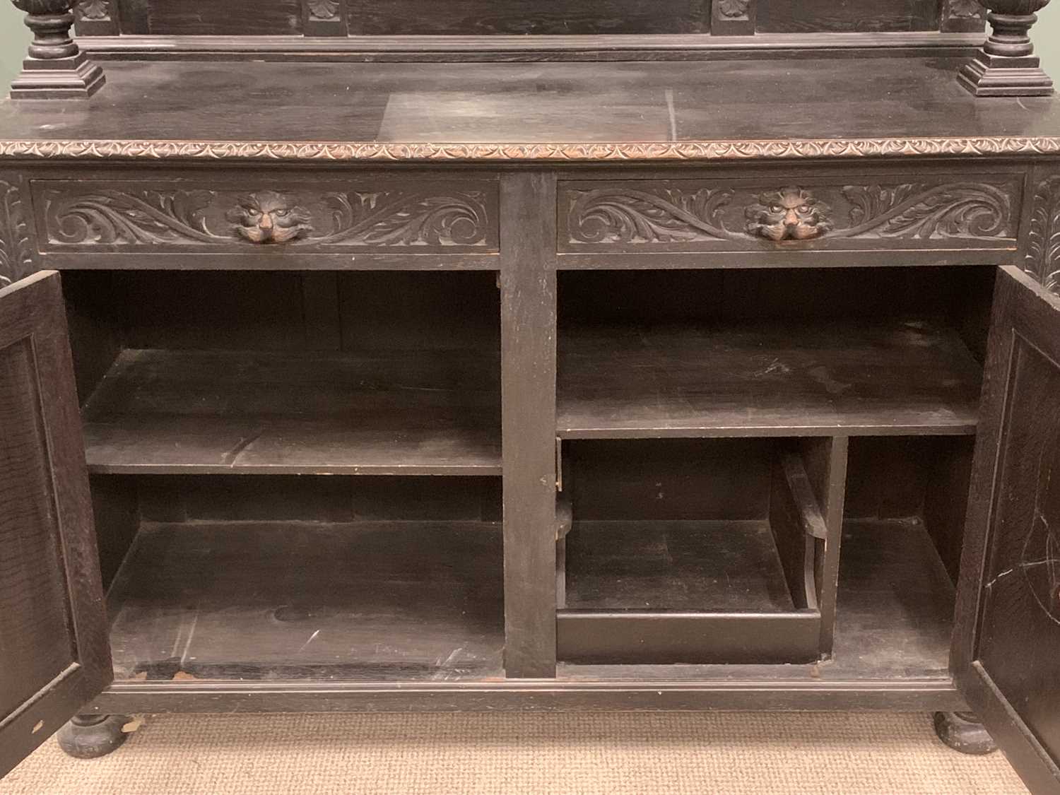 EBONISED OAK MIRROR BACK SIDEBOARD, heavily carved with lion mask detail, 203 (h) x 165 (w) x - Image 5 of 5