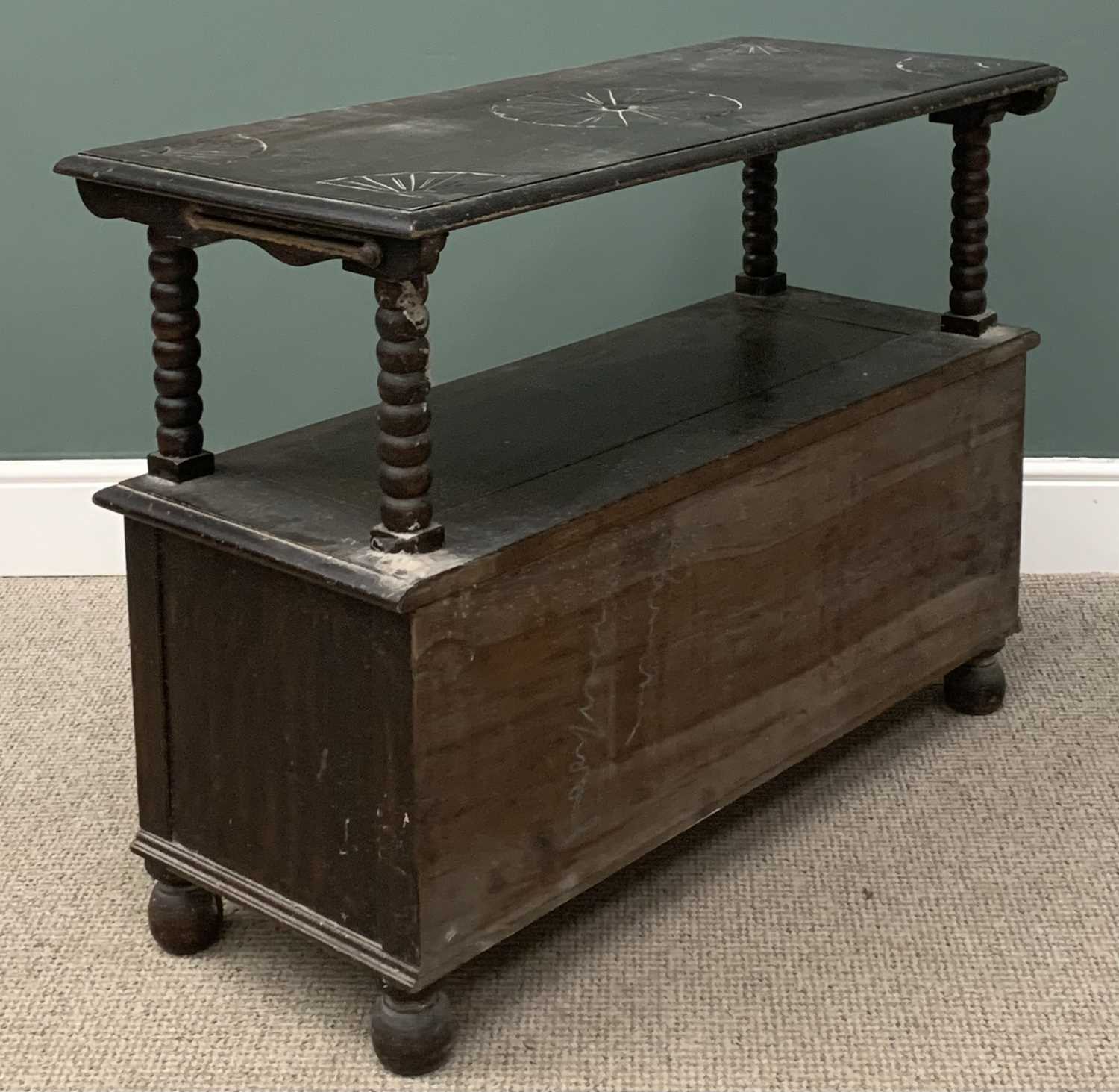 POLISHED & CARVED MONK'S BENCH, 80 (h) x 106 (w) x 46cms (d) Provenance: private collection Gwynedd - Image 3 of 5