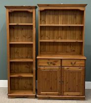 TWO ITEMS OF MODERN HONEY PINE FURNITURE being a narrow dresser, 186 (h) x 98 (w) x 40cms (d) and