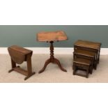 THREE ITEMS OF VINTAGE FURNITURE comprising nest of three oak coffee tables, a square top tripod