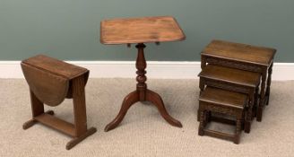 THREE ITEMS OF VINTAGE FURNITURE comprising nest of three oak coffee tables, a square top tripod