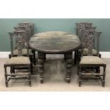 EDWARDIAN GOTHIC STYLE OAK CARVED DINING TABLE & SET OF SIX CHAIRS, 74 (h) x 163 (w) x 106cms (d)