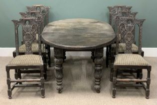 EDWARDIAN GOTHIC STYLE OAK CARVED DINING TABLE & SET OF SIX CHAIRS, 74 (h) x 163 (w) x 106cms (d)