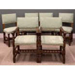 SIX EDWARDIAN OAK DINING CHAIRS (4 + 2), with bobbin stretchers, 92 (h) x 55 (w) x 48cms (d) and