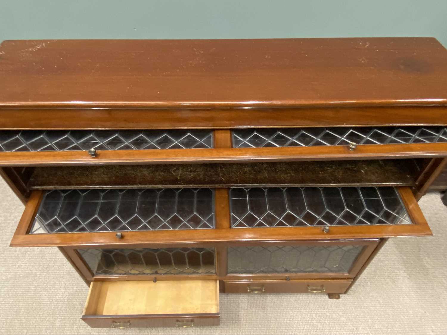 VINTAGE MAHOGANY LIBRARY BOOKCASE having three leaded glass letterbox doors above two drawers raised - Image 3 of 6