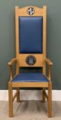 MODERN EISTEDDFOD CHAIR with two inset medallions for 'Gwyl Fawr Aberteifi 2011' and 'MW', in oak