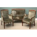 THREE PIECE DRAWING ROOM SUITE in green upholstery and with inlaid mahogany, the two seater sofa,