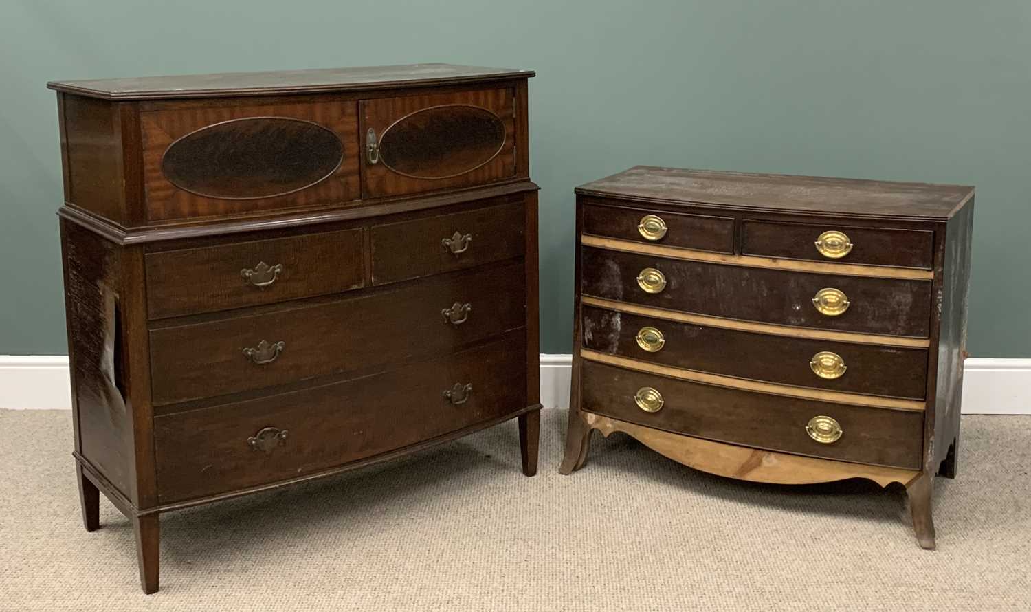 TWO ANTIQUE STYLE CHESTS comprising Regency style mahogany with bow front. 108 (h) x 108 (w) x 50cms