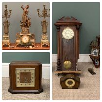 VARIOUS CLOCKS including spelter and onyx three piece garniture, two mantel clocks, Atlas clock