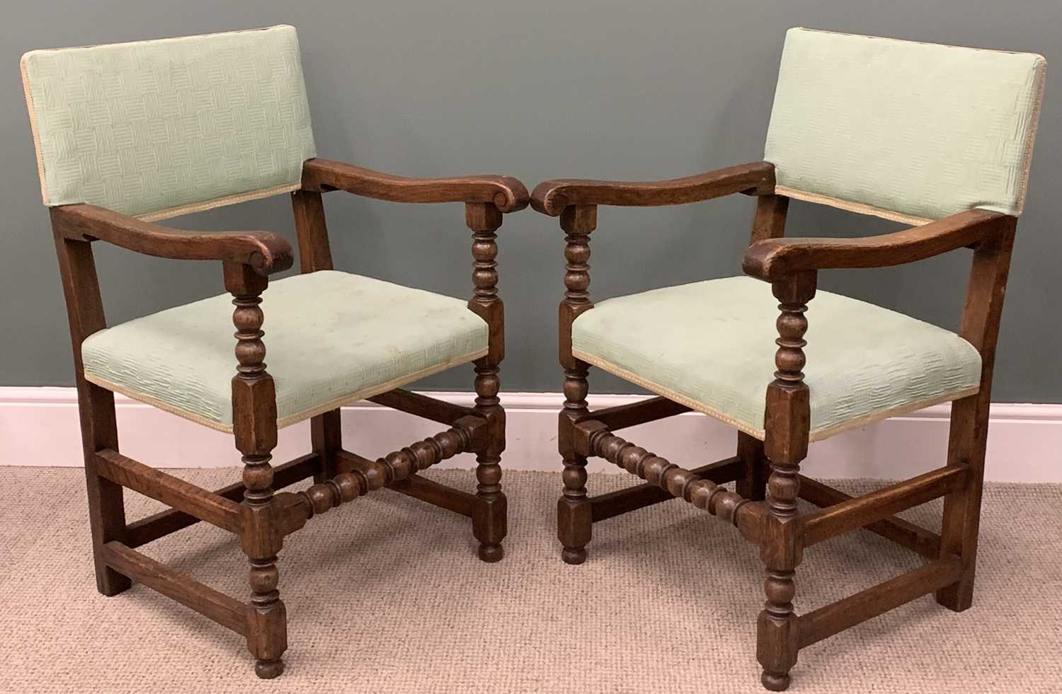 SIX EDWARDIAN OAK DINING CHAIRS (4 + 2), with bobbin stretchers, 92 (h) x 55 (w) x 48cms (d) and - Image 6 of 6