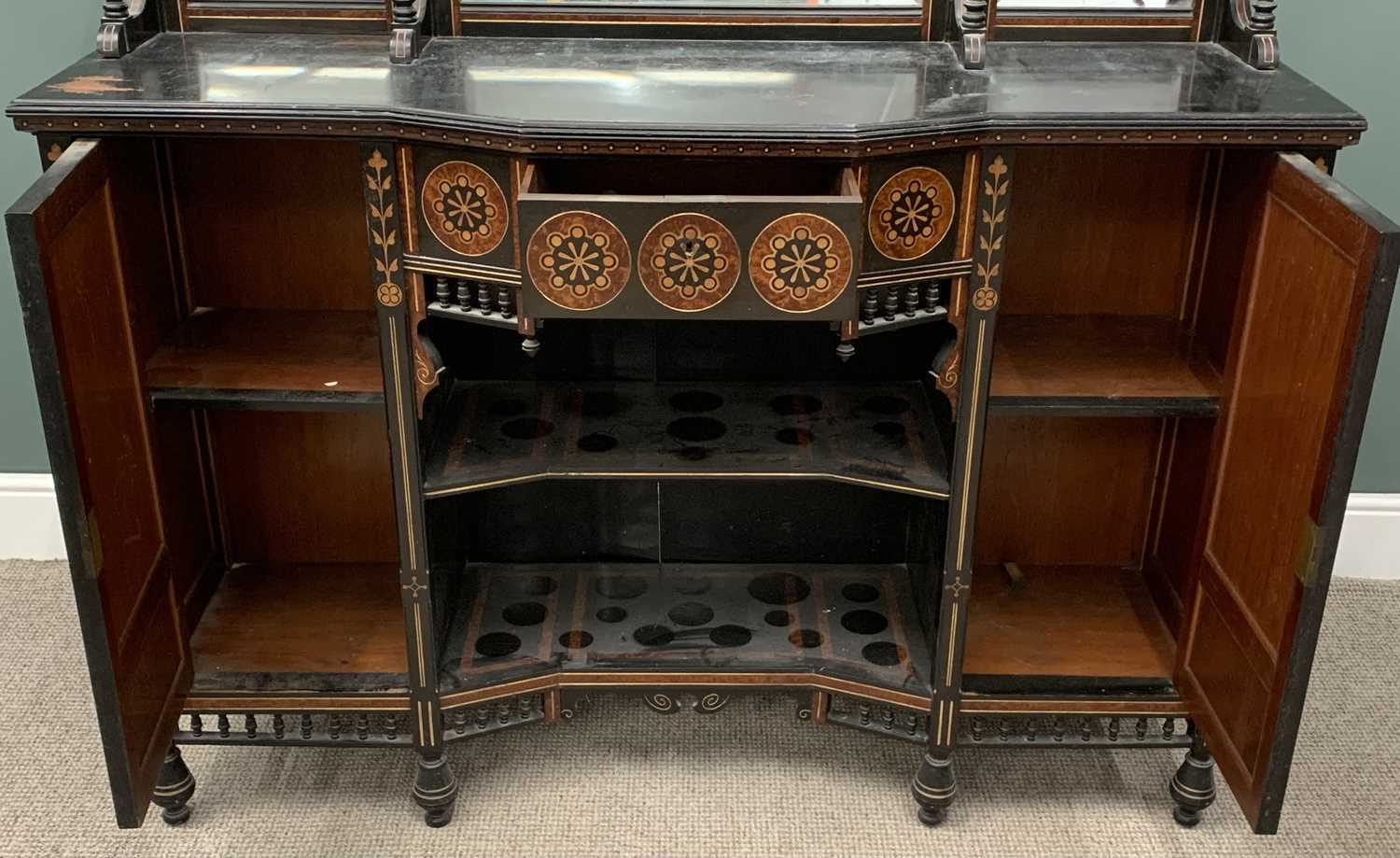 AESTHETIC MOVEMENT EBONISED MIRROR BACK SIDEBOARD circa 1880, painted and with exotic inlay, side - Image 6 of 7