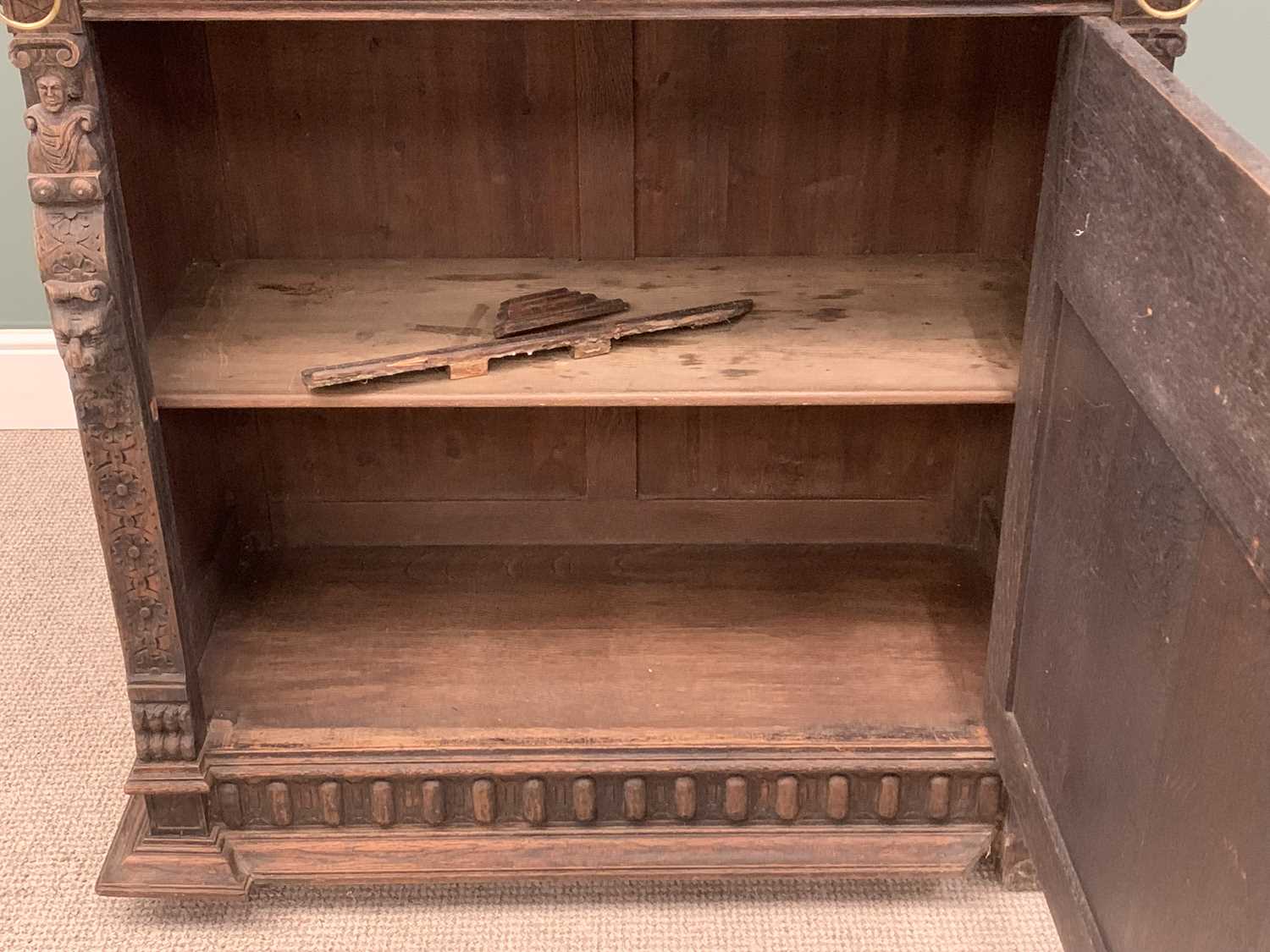 HEAVILY CARVED NARROW COURT CUPBOARD with canopy top and single base cupboard door, lion masks and - Image 2 of 7