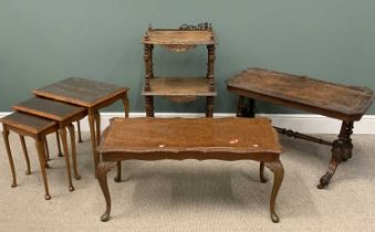 ANTIQUE WALNUT FURNITURE to include three-tier whatnot, 97 (h) x 54 (w) x 37cms (d), nest of three