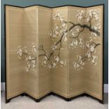 JAPANESE SIX-LEAF SCREEN hand painted with flowering cherry blossom, ebonised frame with metal