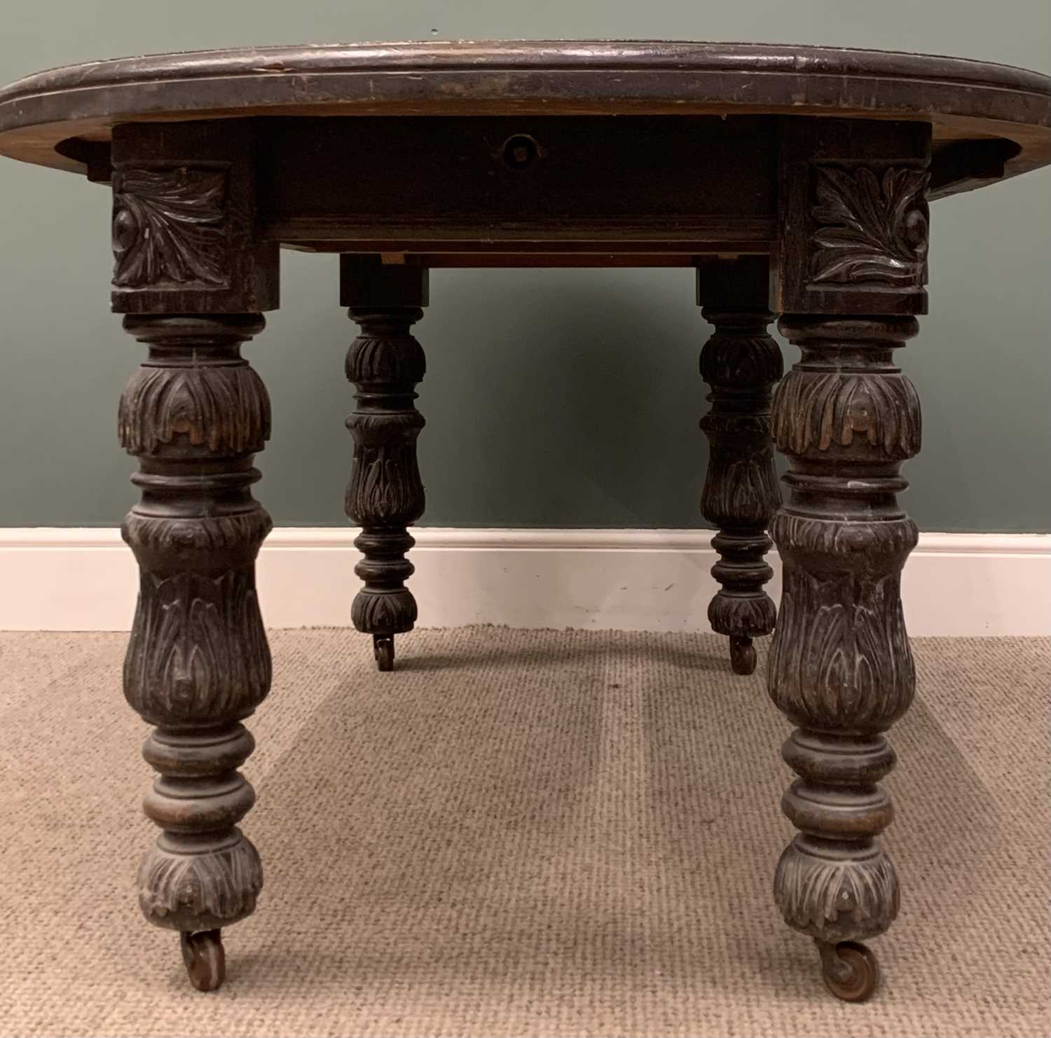 EDWARDIAN GOTHIC STYLE OAK CARVED DINING TABLE & SET OF SIX CHAIRS, 74 (h) x 163 (w) x 106cms (d) - Image 2 of 7