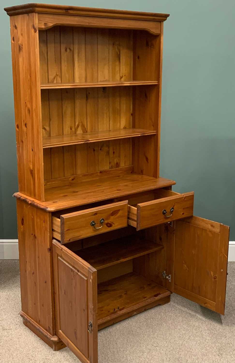 TWO ITEMS OF MODERN HONEY PINE FURNITURE being a narrow dresser, 186 (h) x 98 (w) x 40cms (d) and - Image 2 of 5