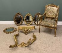 VARIOUS GILT FURNISHINGS to include console (A/F), 84 (h) x 73 (w) x 32cms (d), tapestry seated