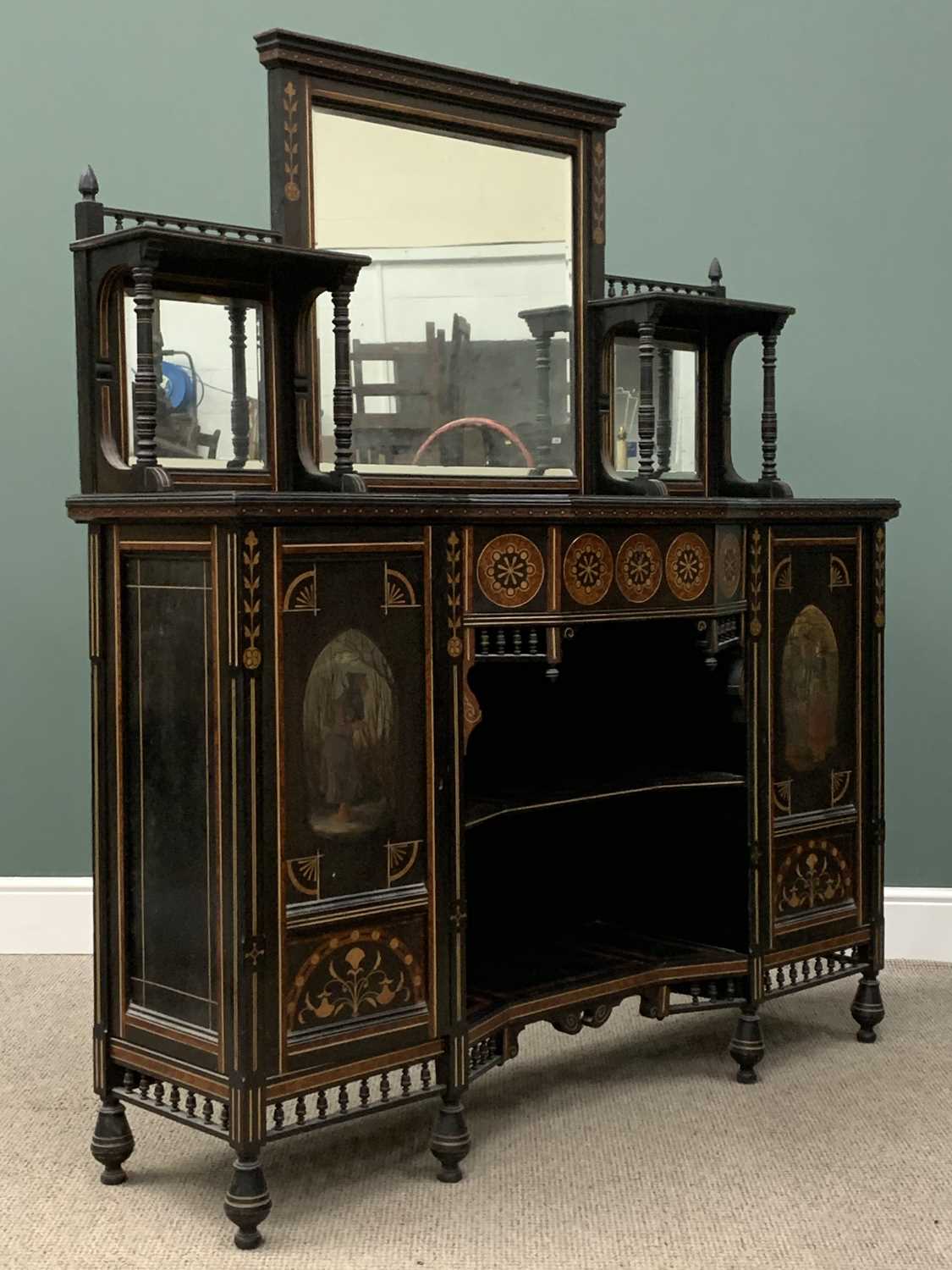 AESTHETIC MOVEMENT EBONISED MIRROR BACK SIDEBOARD circa 1880, painted and with exotic inlay, side - Image 3 of 7