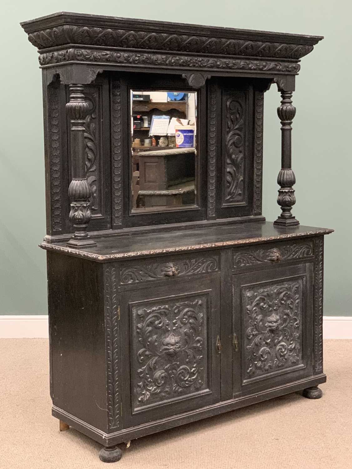 EBONISED OAK MIRROR BACK SIDEBOARD, heavily carved with lion mask detail, 203 (h) x 165 (w) x - Image 2 of 5