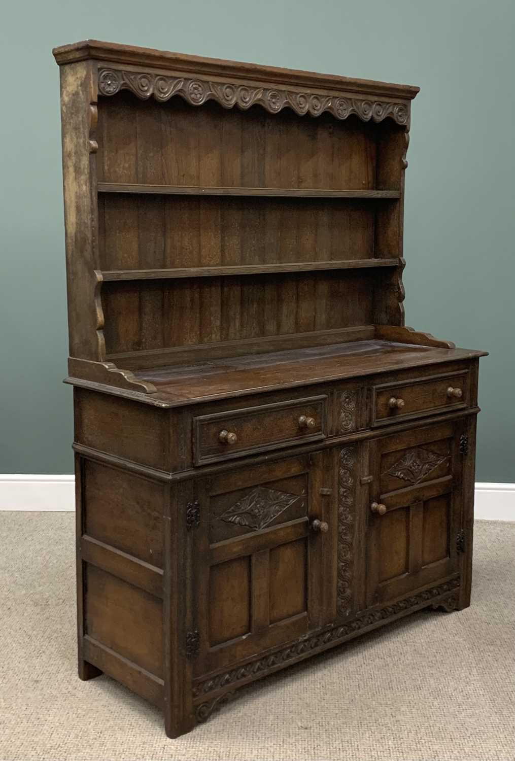 20TH CENTURY OAK DRESSER, two shelf rack, the base with two drawers over two cupboard doors, - Image 3 of 4