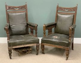 PAIR OF CARVED EDWARDIAN ARMCHAIRS in matching studded rexine, 115 (h) x 76 (w) x 52cms (d)