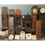 SUNDRY LONGCASE CLOCK / CLOCK PARTS approx. thirteen cases, seven hoods, many weights and pendulums,
