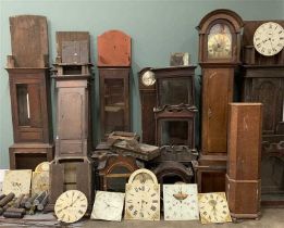 SUNDRY LONGCASE CLOCK / CLOCK PARTS approx. thirteen cases, seven hoods, many weights and pendulums,