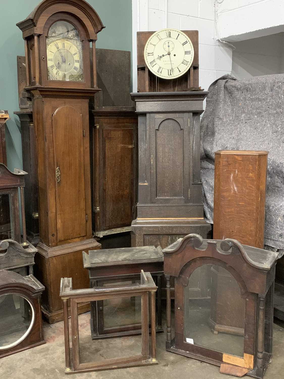 SUNDRY LONGCASE CLOCK / CLOCK PARTS approx. thirteen cases, seven hoods, many weights and pendulums, - Image 15 of 16