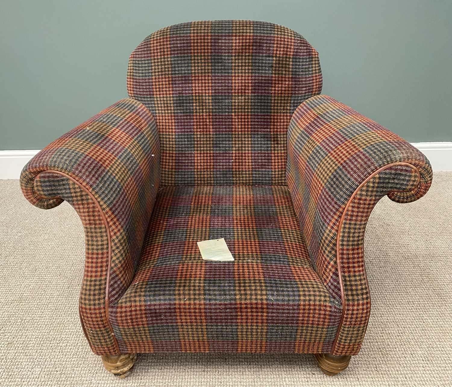 MODERN ARMCHAIR in multicoloured check upholstery, on turned supports, 84 (h) x 104 (w) x 60cms (