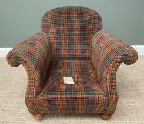 MODERN ARMCHAIR in multicoloured check upholstery, on turned supports, 84 (h) x 104 (w) x 60cms (