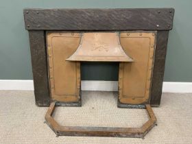 ARTS & CRAFTS COPPER FIRE SURROUND having an embossed rampant lion to flute, an oak surround, 113 (