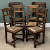 SET OF SIX ARTS & CRAFTS STYLE OAK CHAIRS (4 + 2), 104 (h) x 46 (w) x 36cms (d) and 111 (h) x 67 (w)