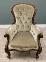 VICTORIAN SPOON BACK ARMCHAIR with buttoned upholstery on cabriole supports, 106 (h) x 70 (w) x