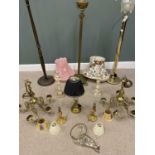 GROUP OF ASSORTED LIGHTING to include three standard lamps, brass chandeliers, glass lustre ceiling,