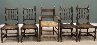 SET OF FOUR OAK DINING CHAIRS & ANOTHER the set with bobbin supports, 98 (h) x 48 (w) x 34cms (d)